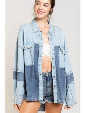 "Skyline" Two-Tone Patchwork Denim Colorblock Shirt Light & Medium Blue Sz Small
